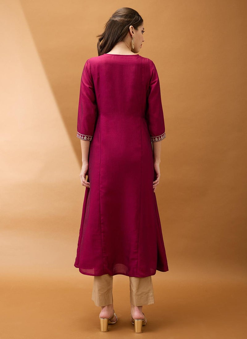 جلو باص جلوبس نسائي عنابي مطرز بالزهور ياقة مستديرة أناركالي احتفالي كورتا - Image 4